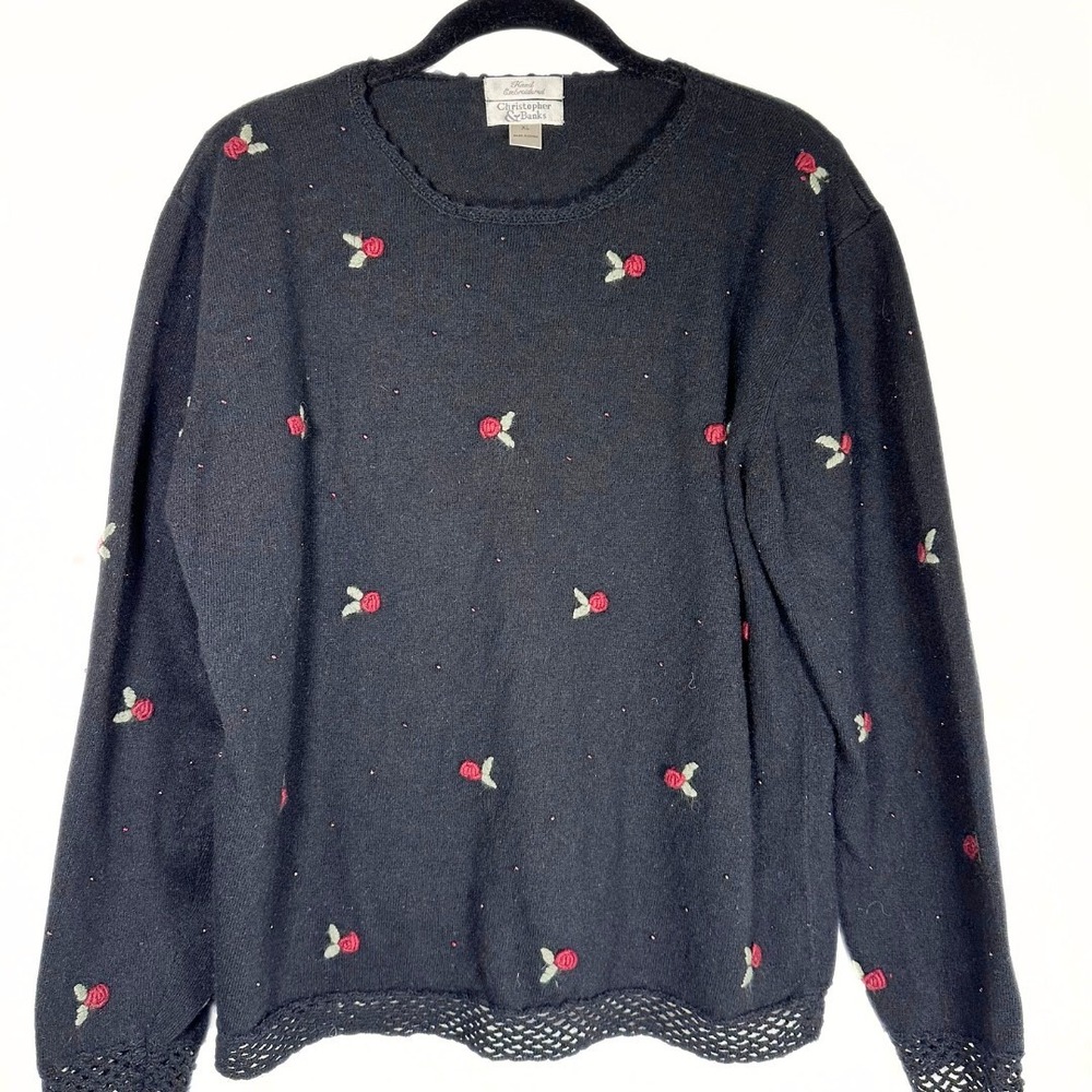 Vintage‎ Women's Sweater Size XL Black Floral Embroidered Beaded Silk Angora